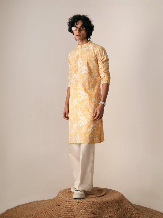 Mens Yellow Cotton Print Kurta