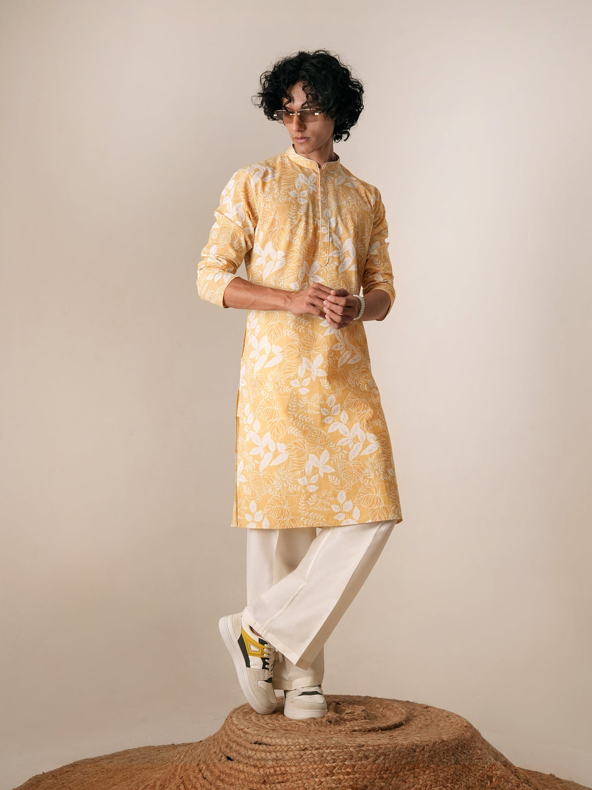 Mens Yellow Cotton Print Kurta