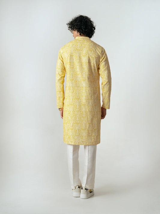 Mens Yellow Polyester Embroidery Kurta