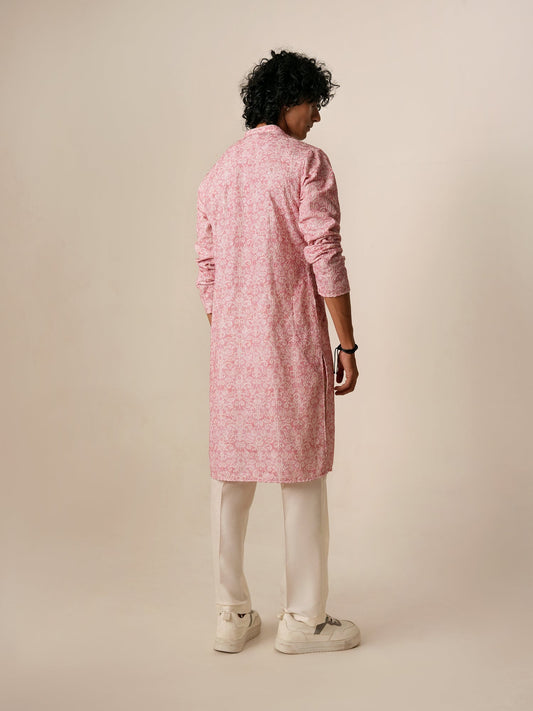 Mens Pink Polyester Embroidery Kurta