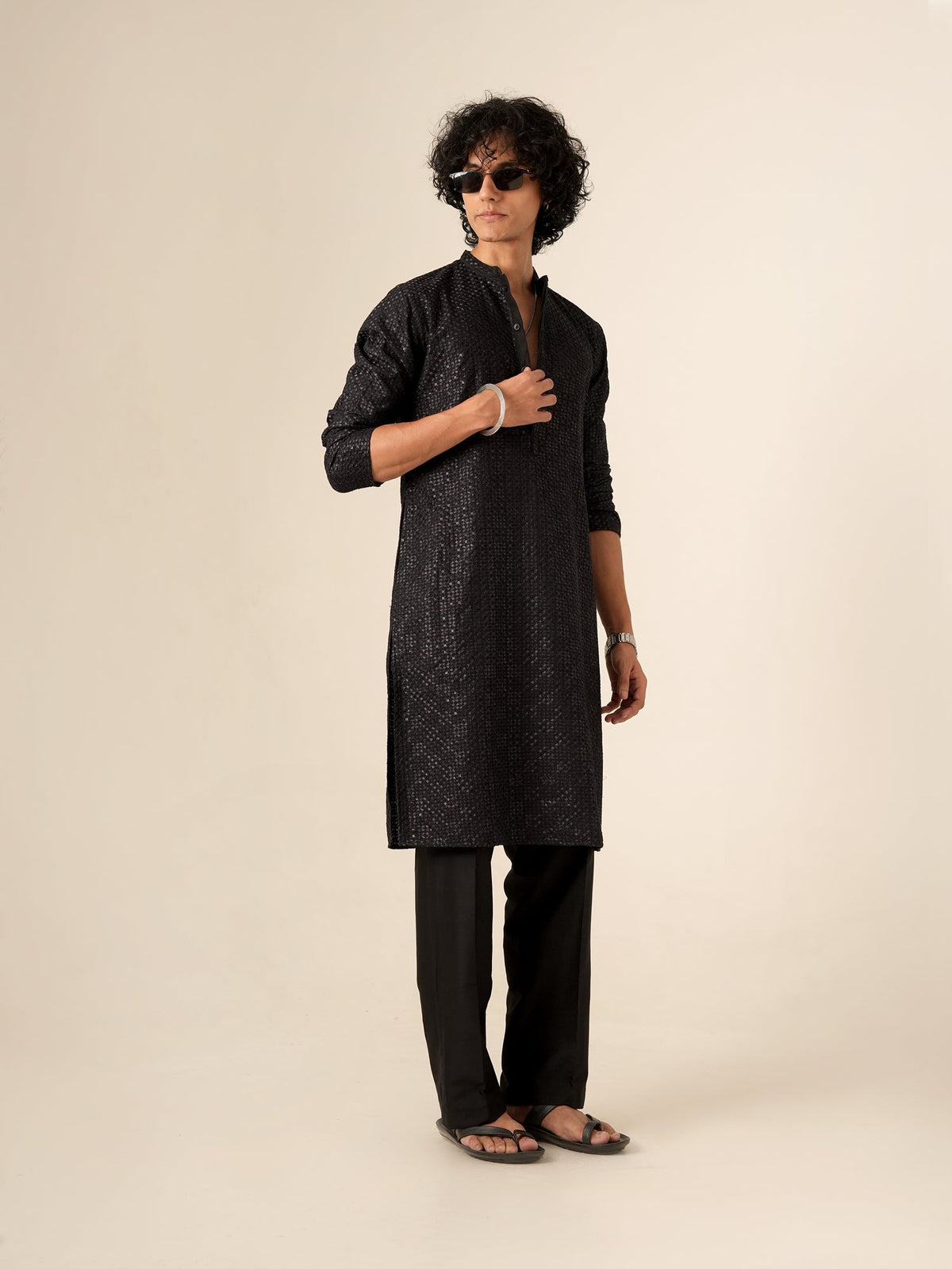 Mens Navy Blue Blended Embroidery Kurta