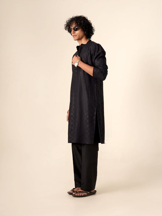 Mens Navy Blue Blended Embroidery Kurta