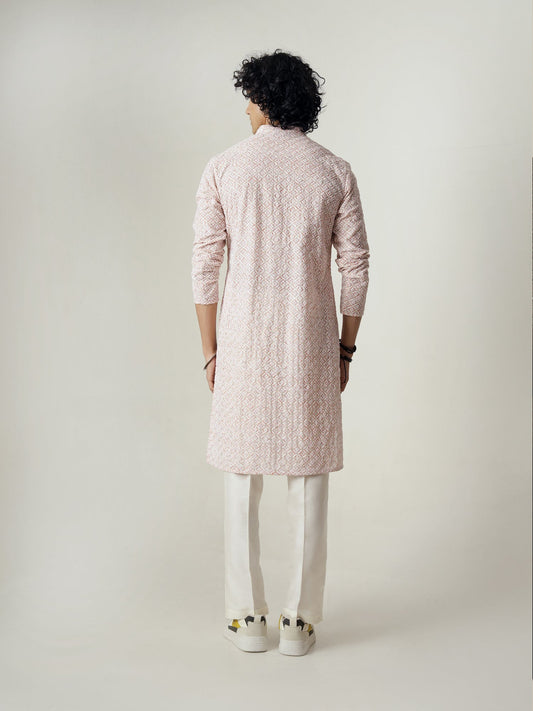 Mens Peach Polyester Embroidery Kurta