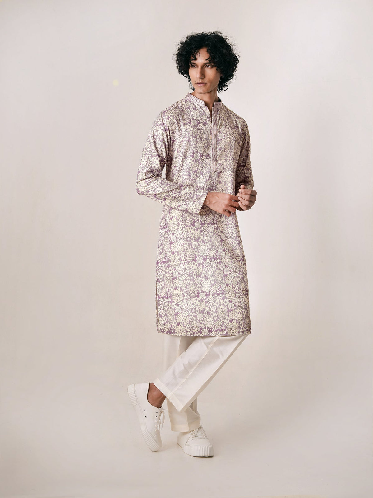 Mens Lavender Polyester Embroidery Kurta