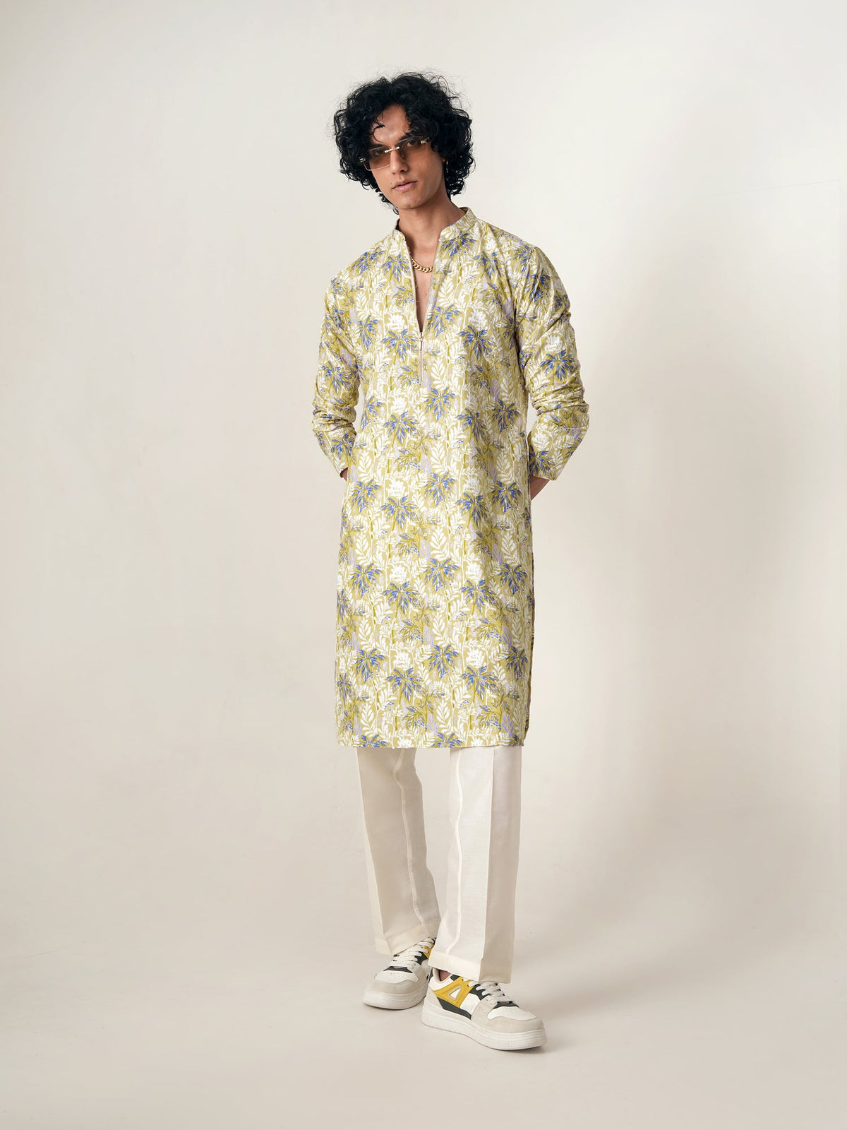 Mens Yellow Polyester Embroidery Zip Kurta