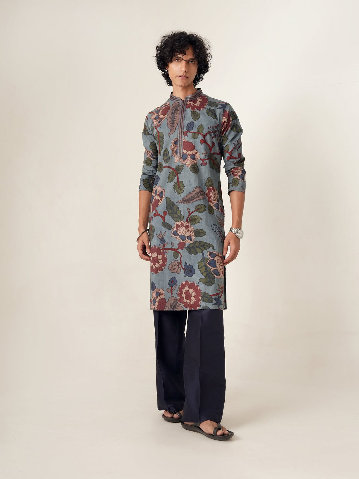 Mens Blue Cotton Print Kurta