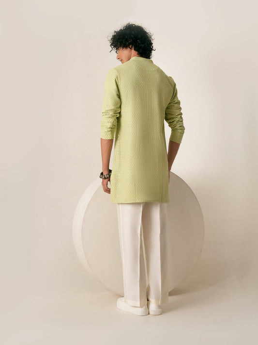 Mens Green Blended Embroidery Mid Kurta