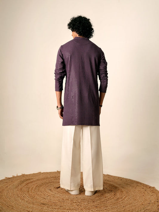 Mens Purple Blended Embroidery Mid Kurta