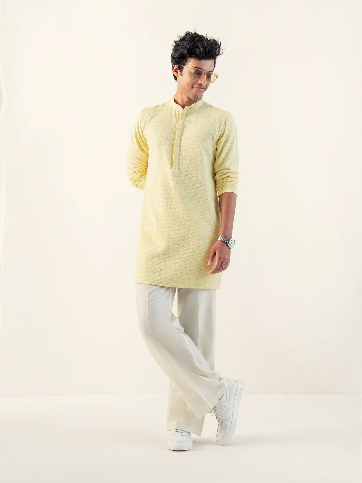 Mens Yellow Blended Embroidery Kurta