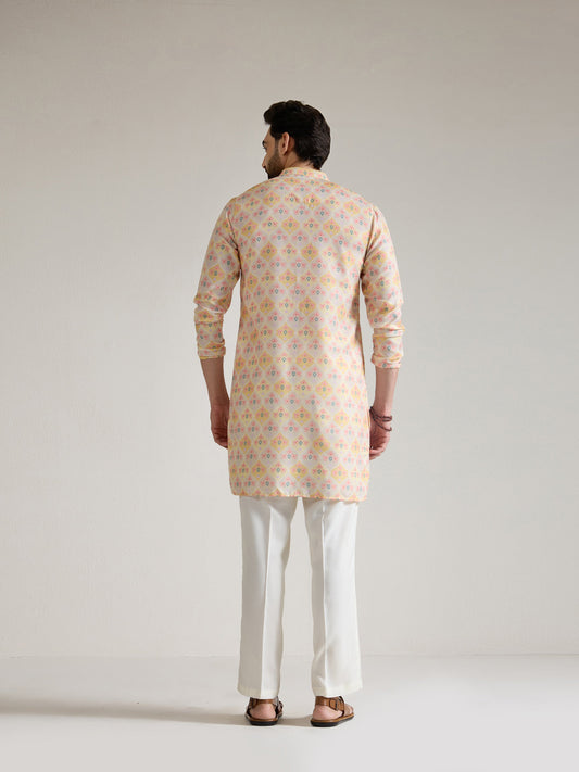 Mens Yellow Blended Print Kurta with Zip