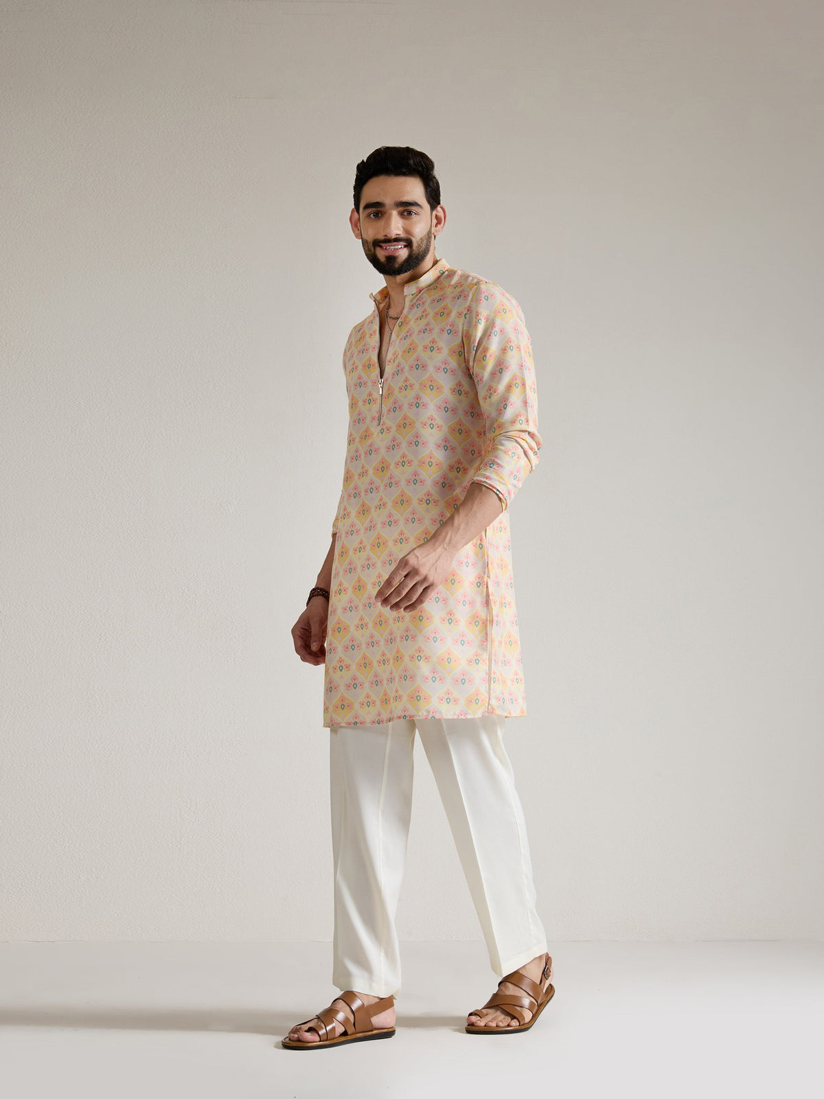 Mens Yellow Blended Print Kurta with Zip