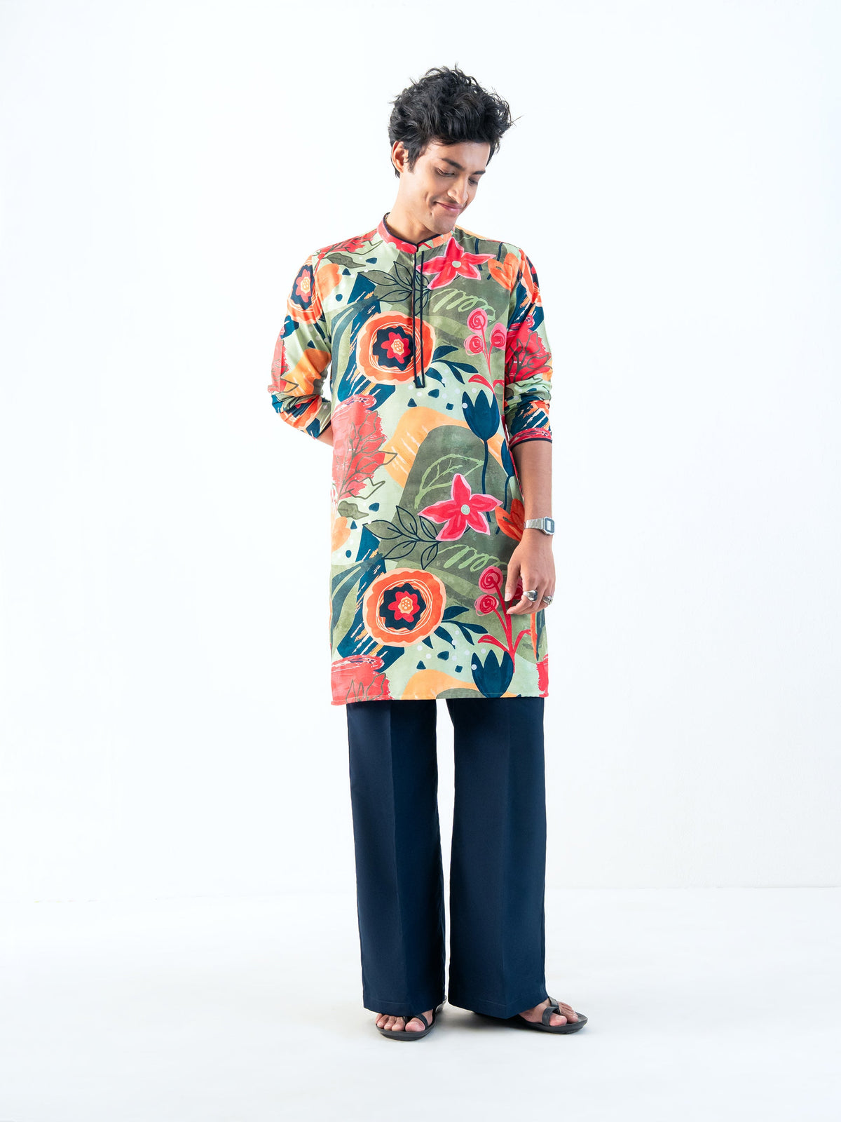 Mens Multicolor Blended Print Kurta