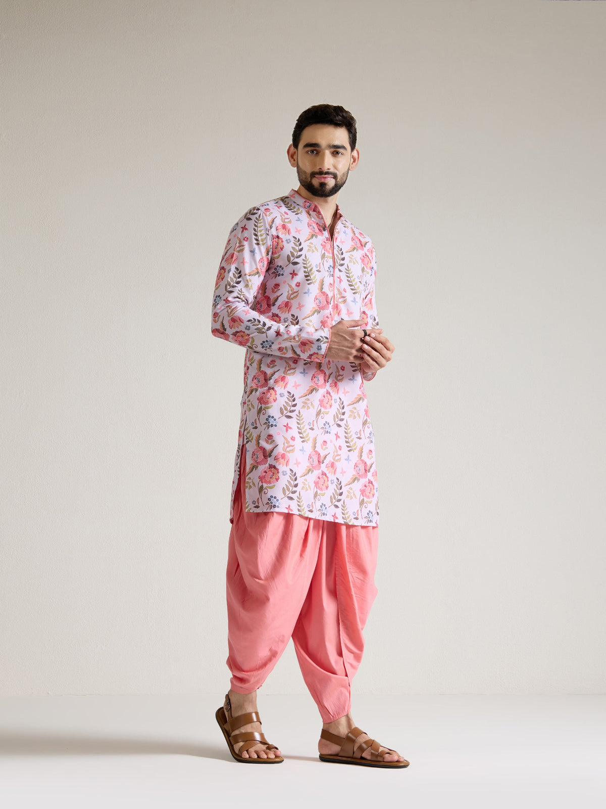 Mens Multicolor Blended Print Kurta with Zip