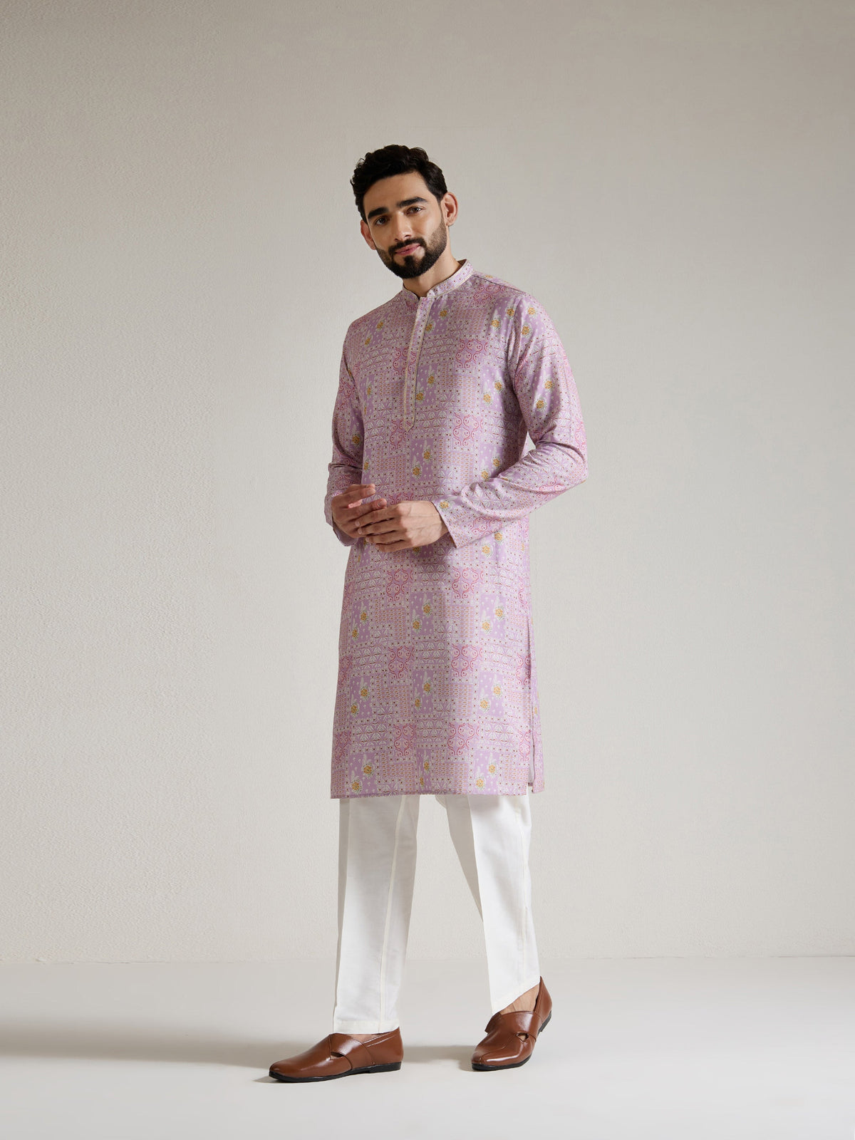 Mens Pink Blended Print Kurta