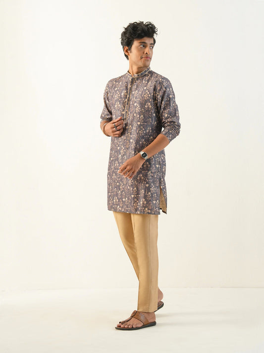Men Grey Blended Print Kurta