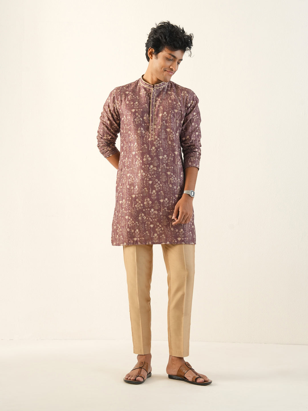 Men Brick Red Blended Print Kurta