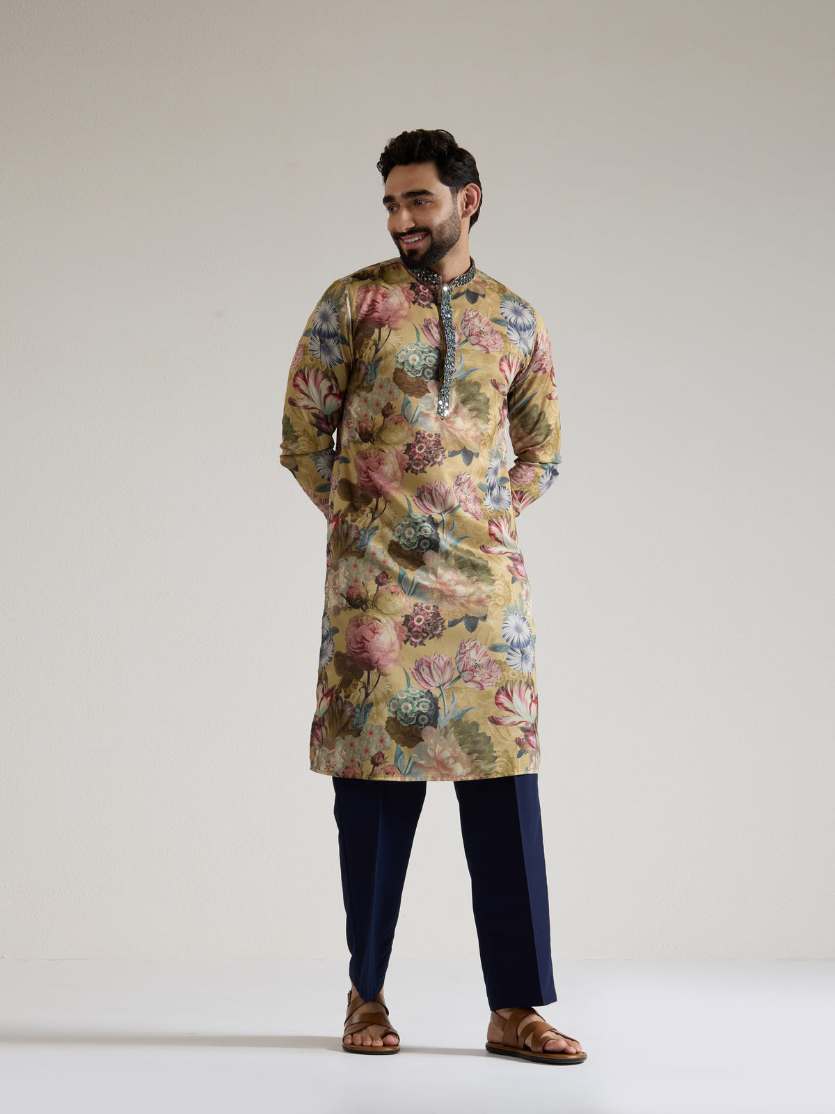 Mens Yellow Blended Print Kurta