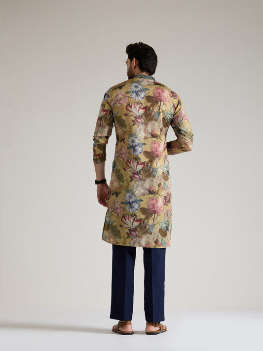 Mens Yellow Blended Print Kurta