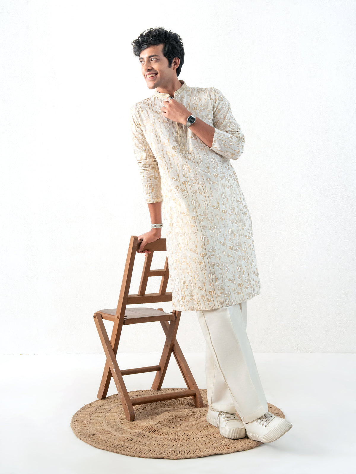 Mens Off-White Cotton Print Kurta