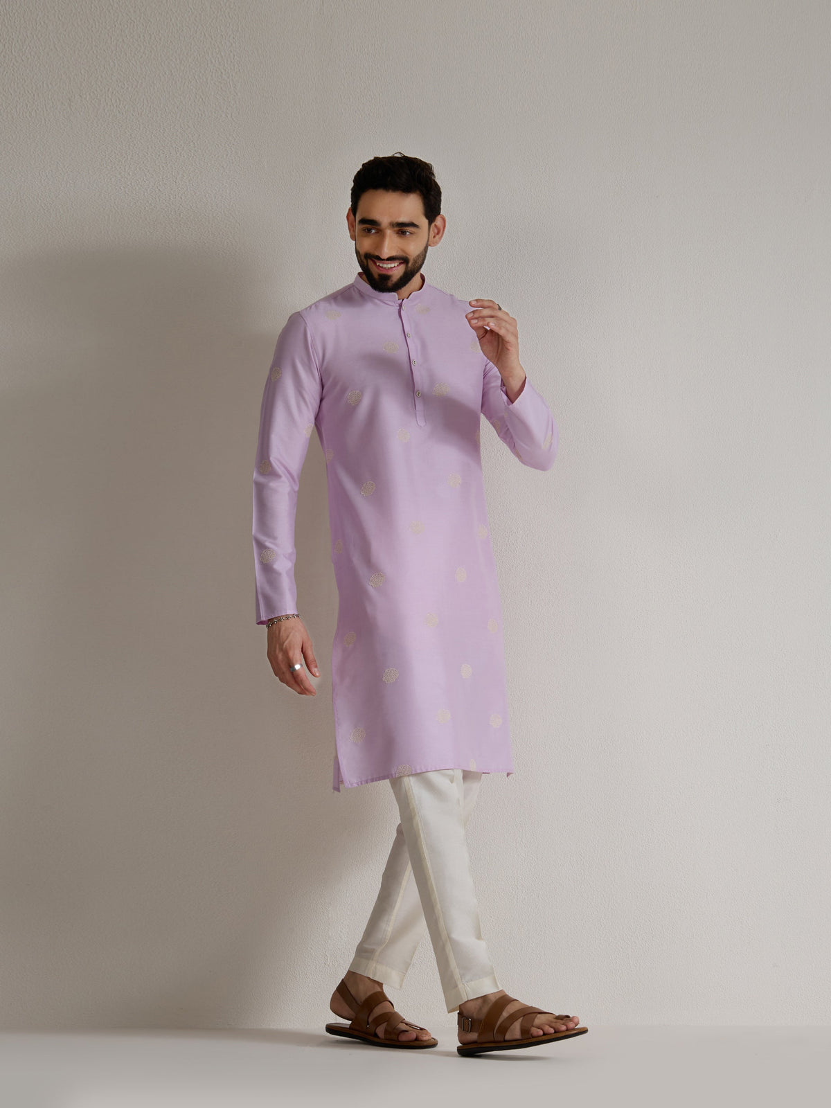 Mens Purple Blended Light Embroidery Kurta