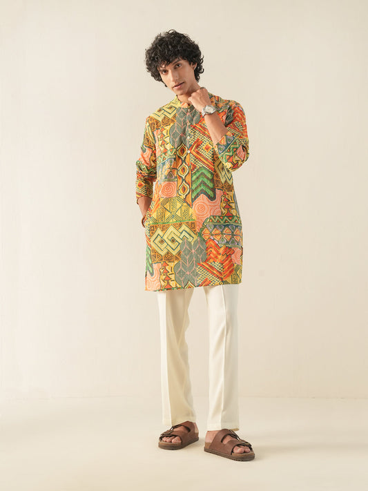 Mens Multicolor Cotton Print Kurta
