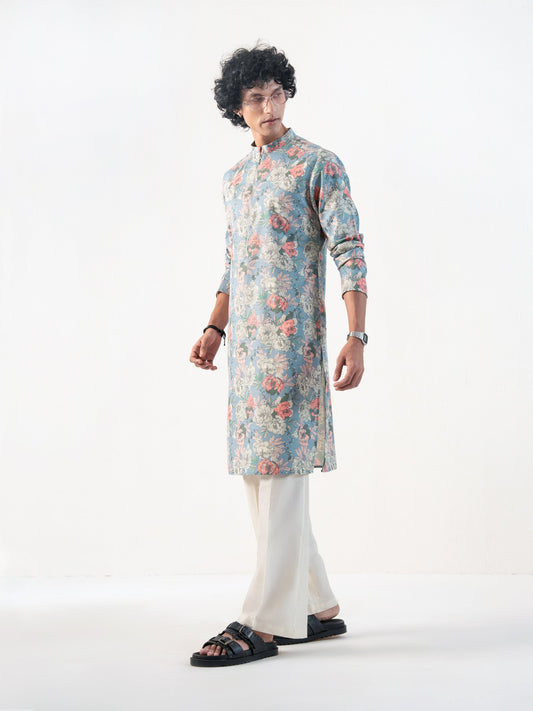 Mens Multicolor Blended Print Kurta with Zip