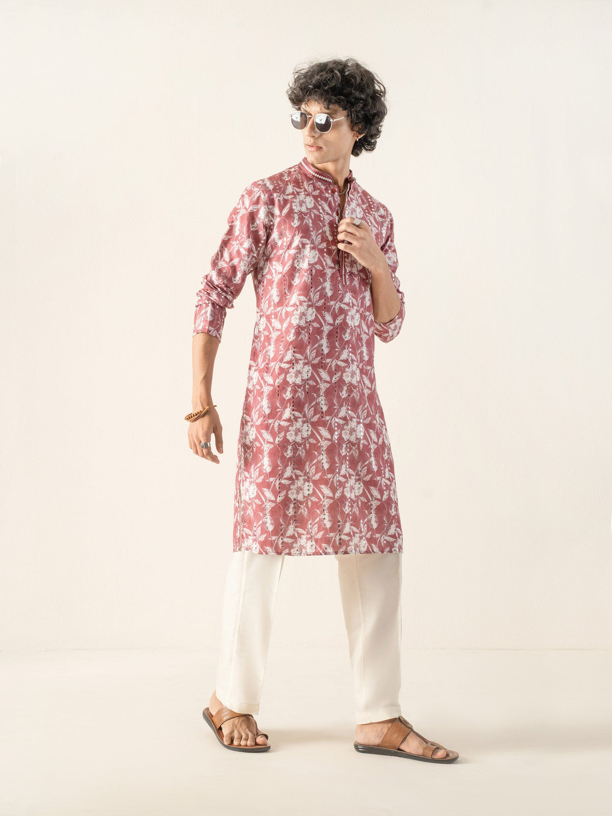 Mens Maroon Blended Print Kurta