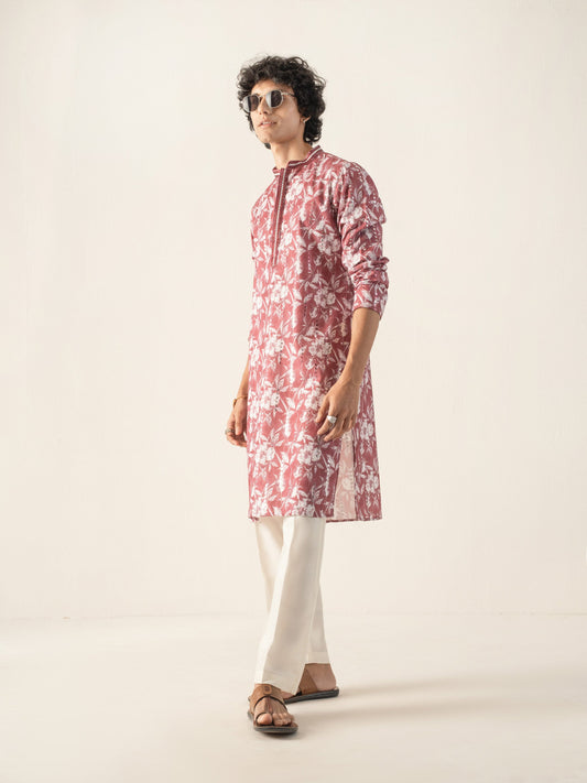 Mens Maroon Blended Print Kurta
