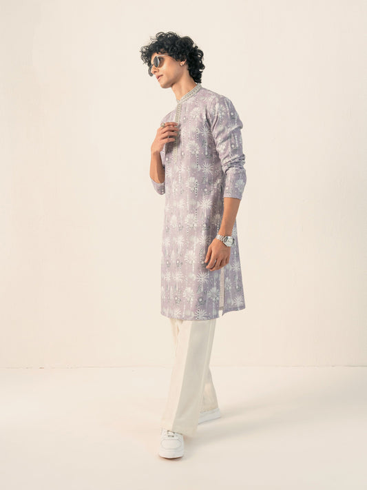 Mens Purple Blended Print Kurta