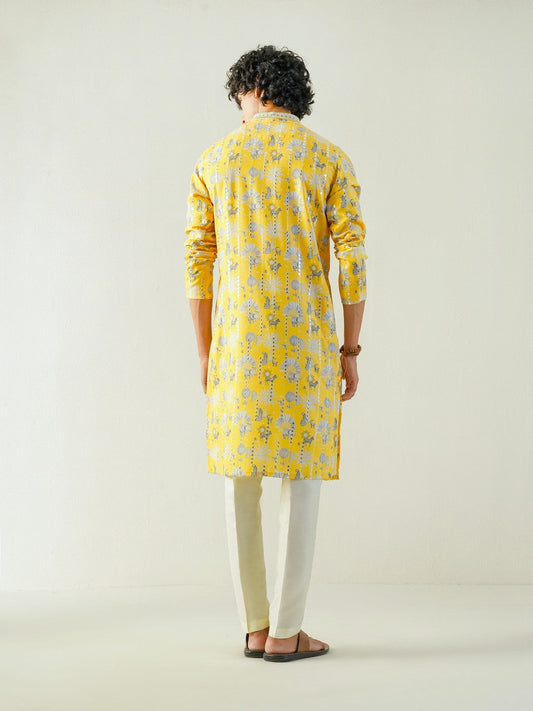 Mens Yellow Blended Print Kurta