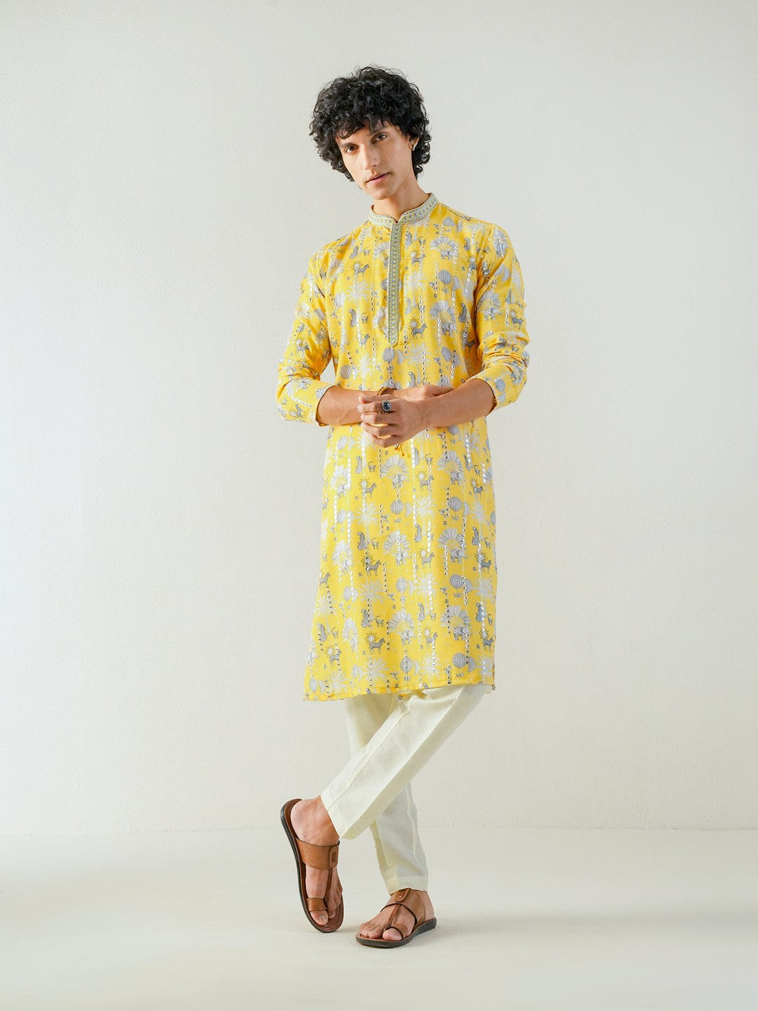 Mens Yellow Blended Print Kurta