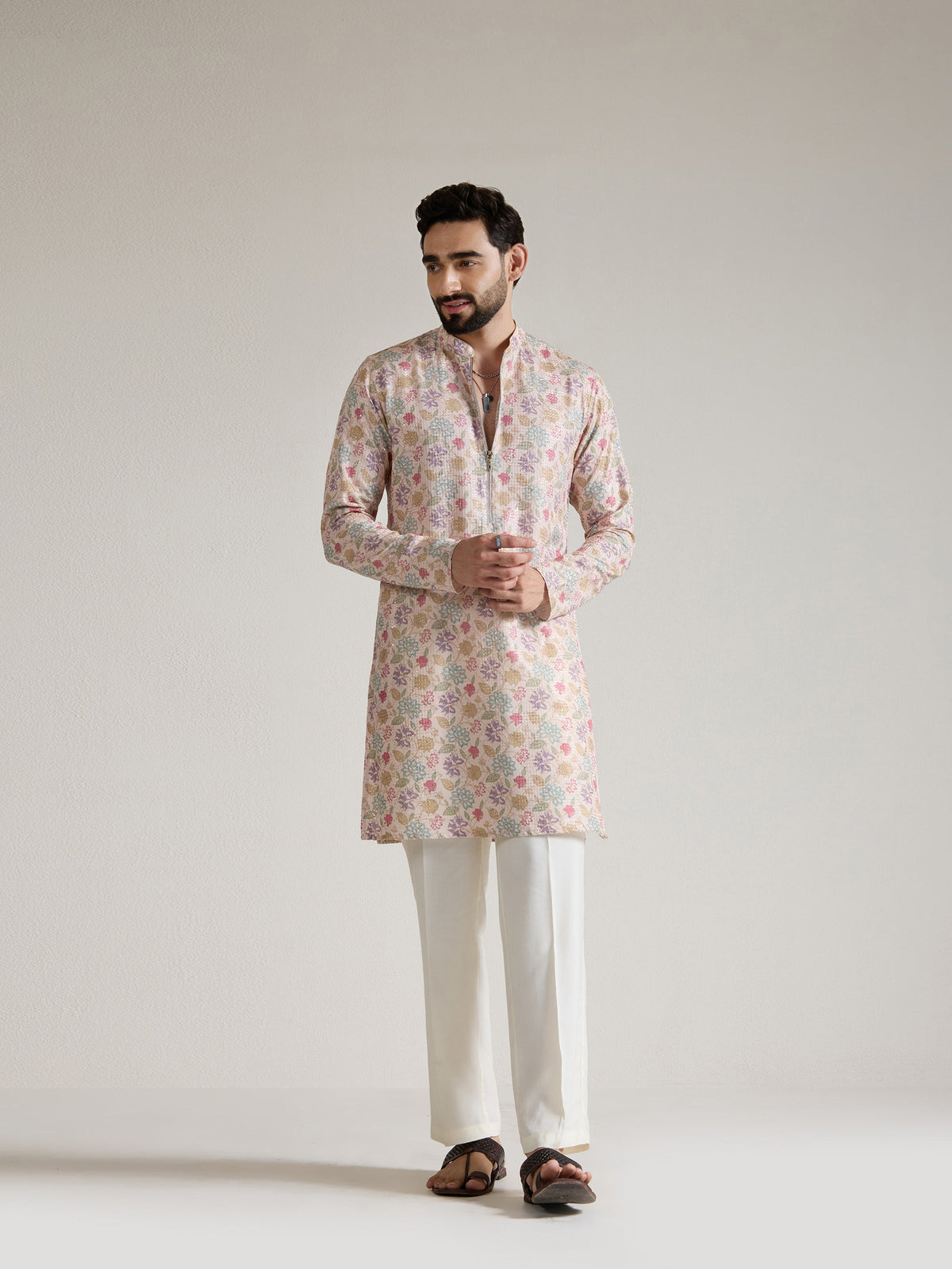 Mens Multicolor Blended Print Kurta with Zip