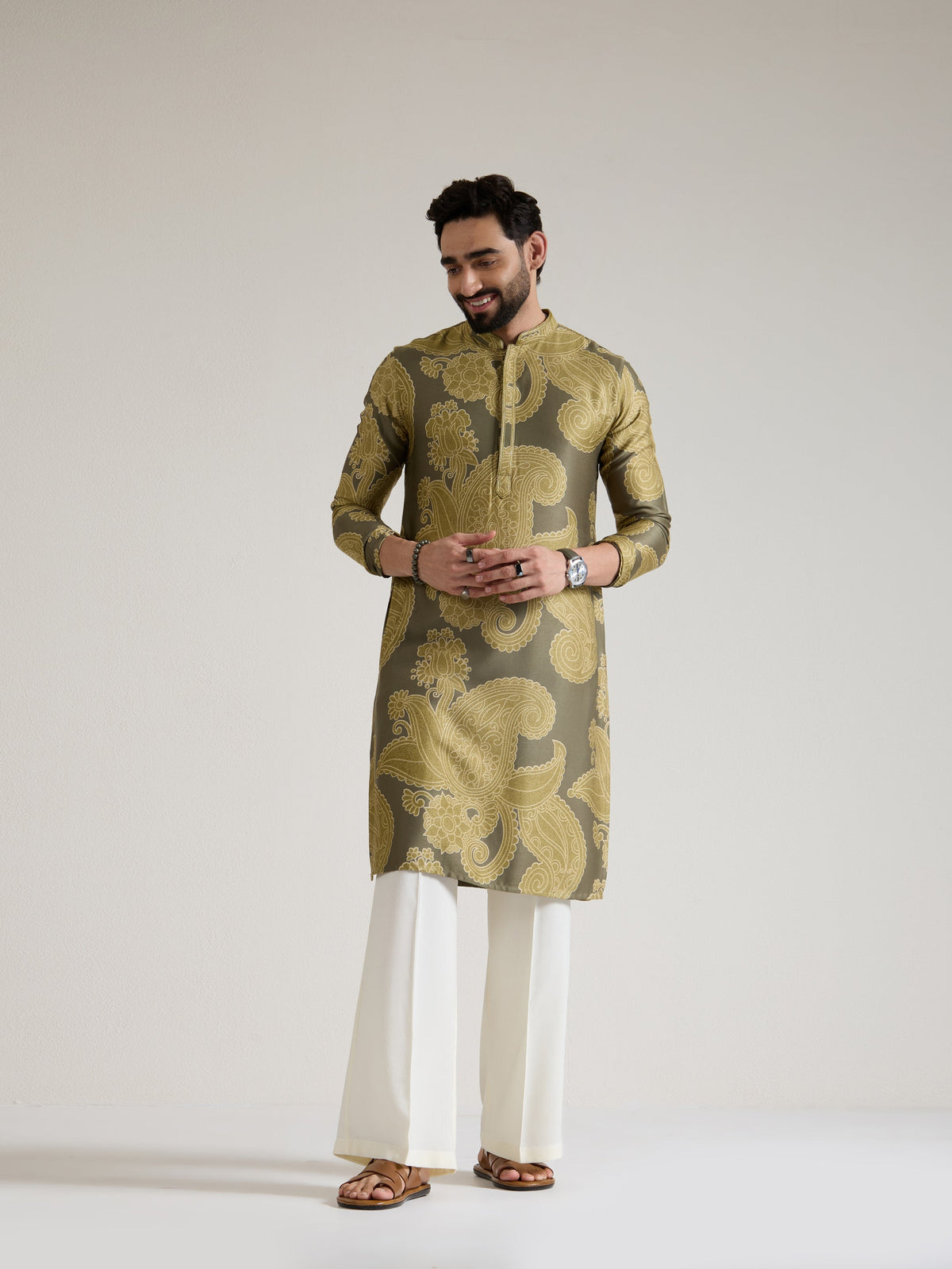 Mens Green Silk Print Kurta
