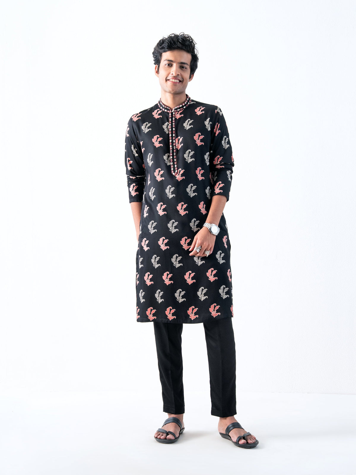 Mens Black Silk Print Kurta