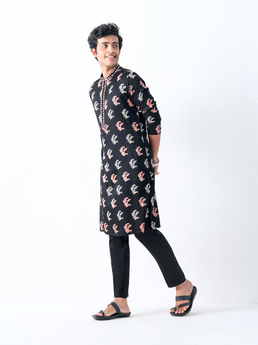 Mens Black Silk Print Kurta
