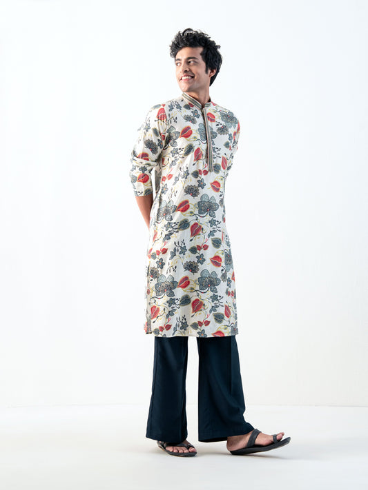 Mens White Blended Print Kurta