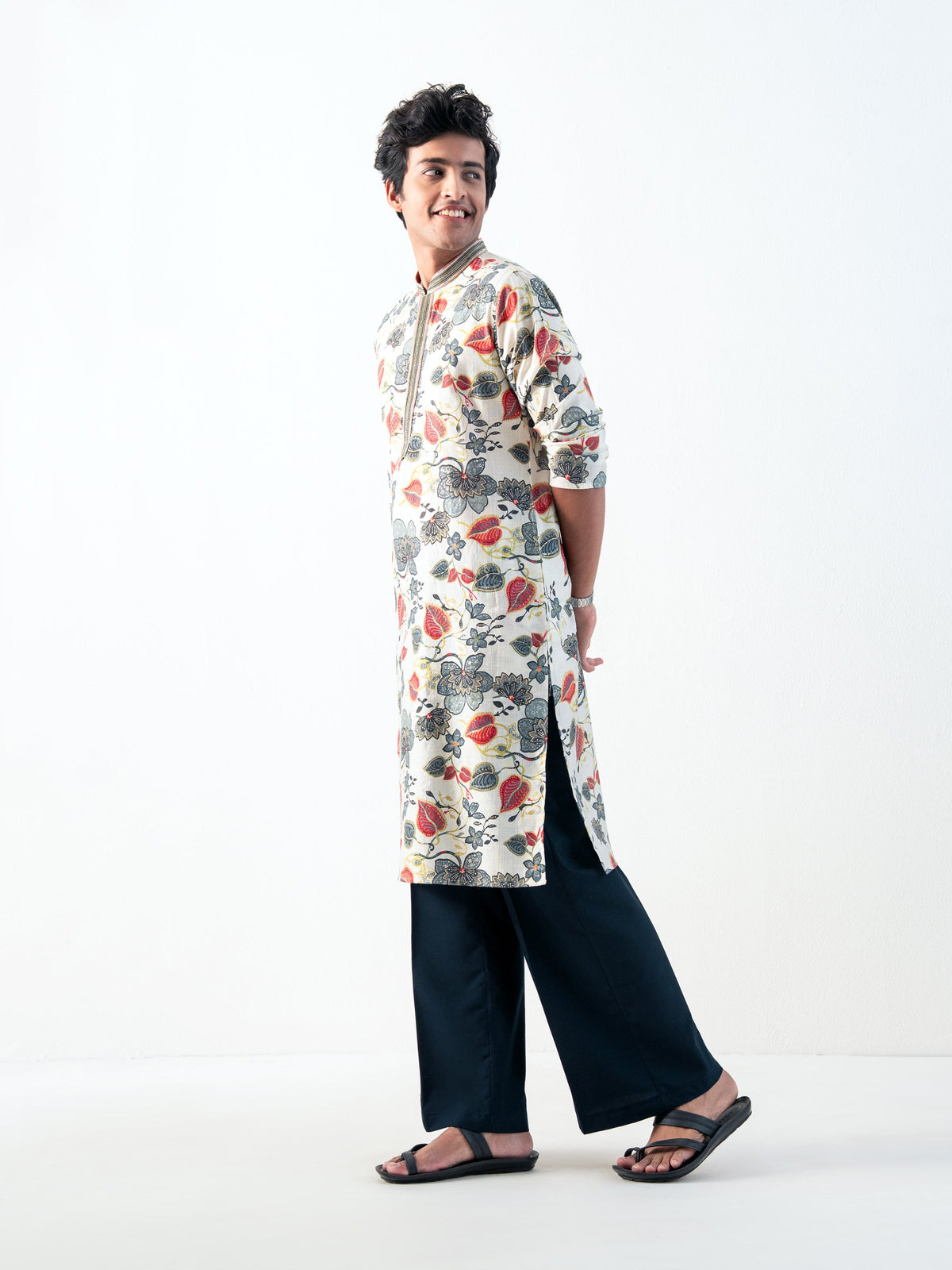 Mens White Blended Print Kurta