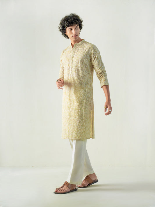 Mens Yellow Blended Embroidery Kurta
