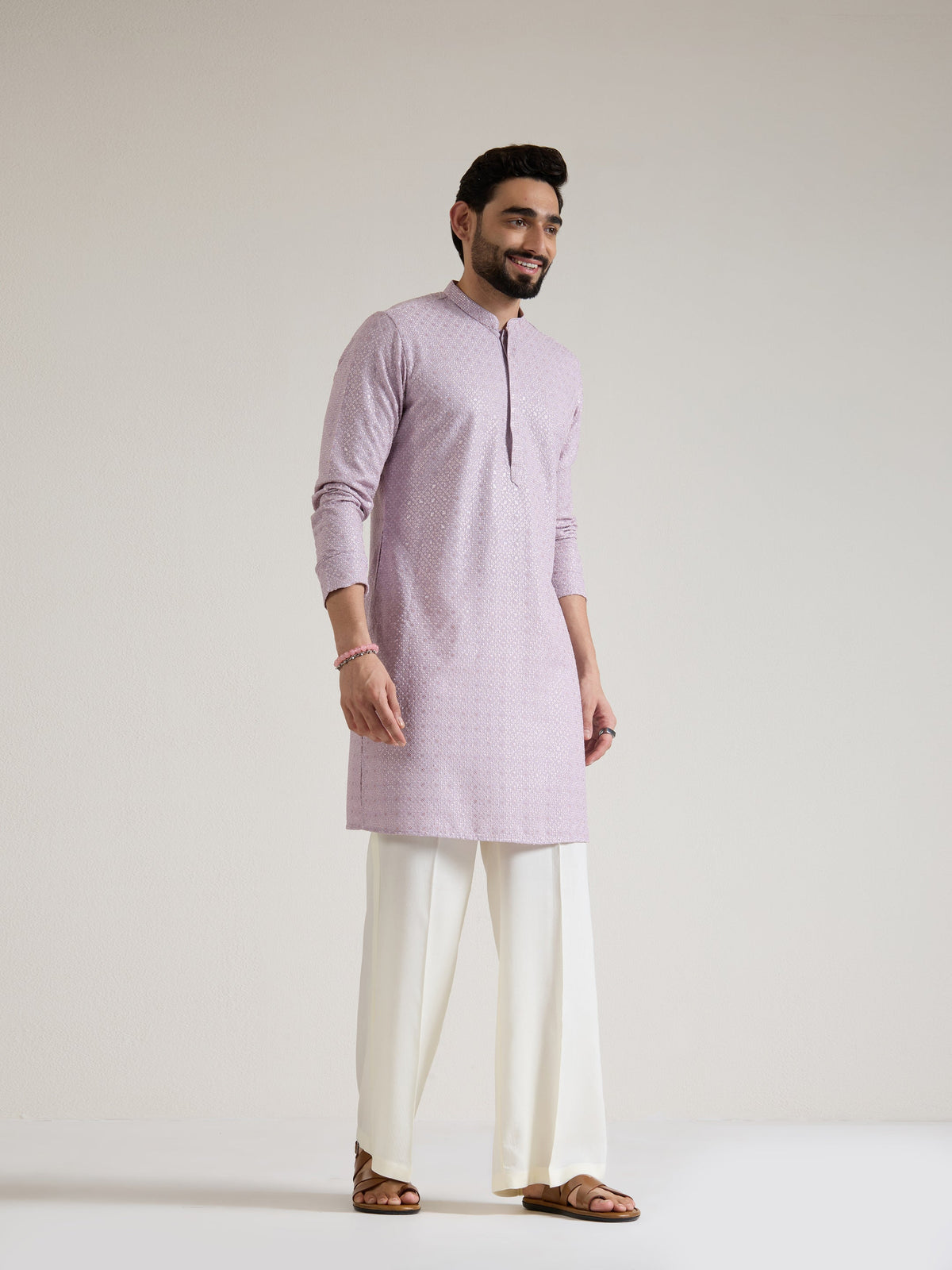 Mens Lavender Blended Embroidery Kurta