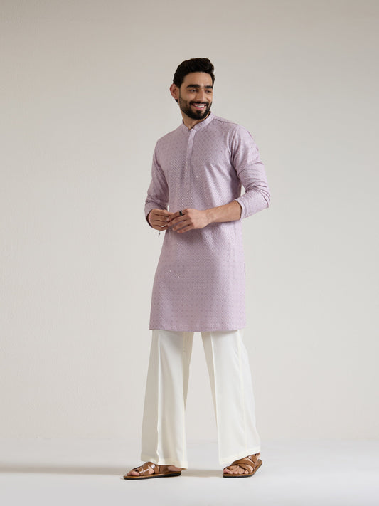 Mens Lavender Blended Embroidery Kurta