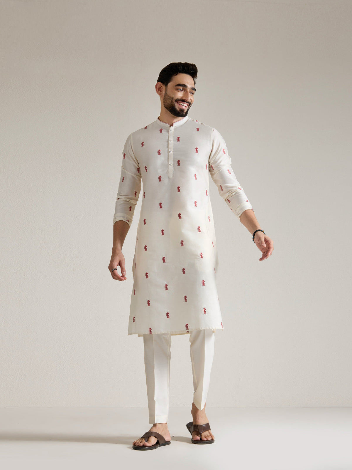 Mens Off-White Blended Light Embroidery Kurta