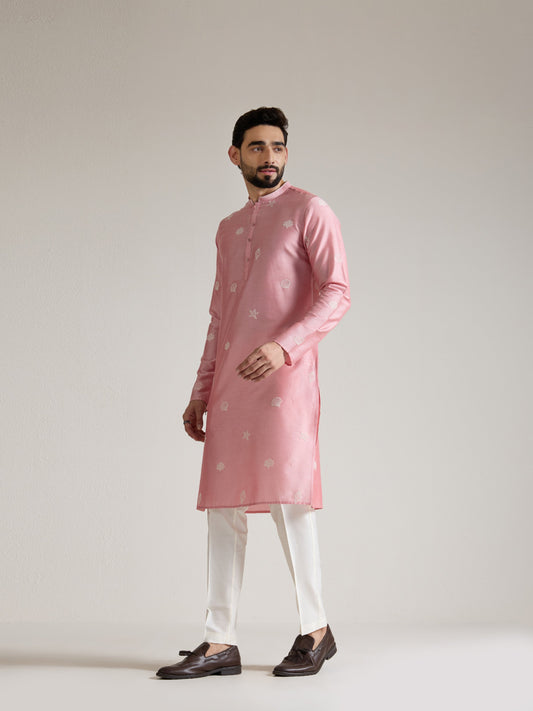 Mens Pink Blended Light Embroidery Kurta