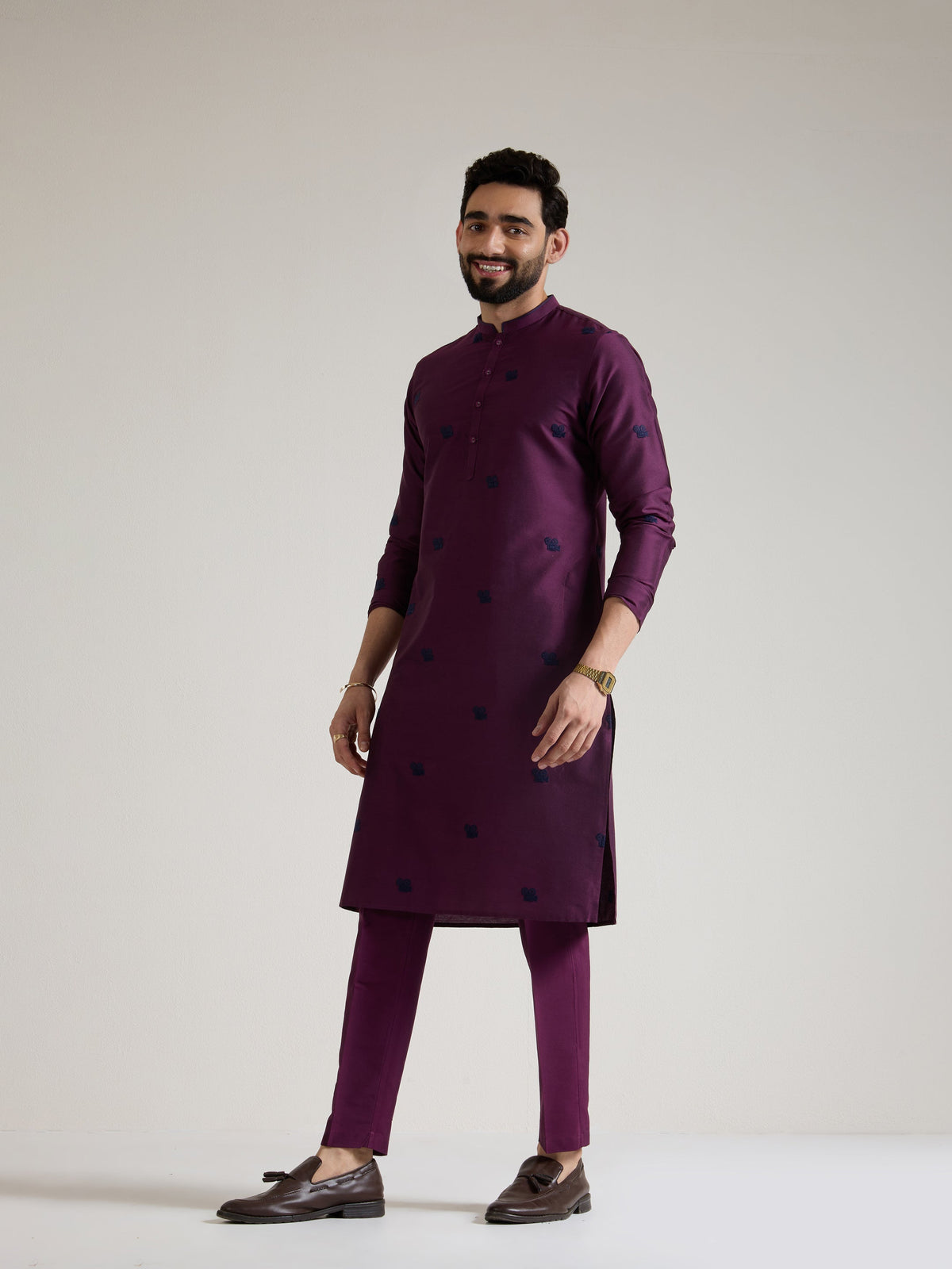Mens Wine Blended Light Embroidery Kurta