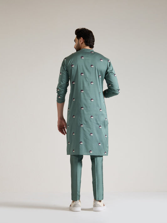 Mens Green Blended Light Embroidery Kurta