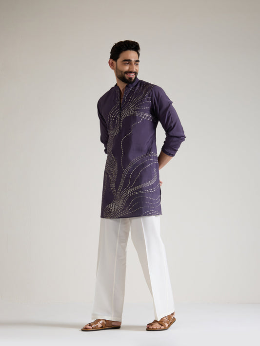 Mens Purple Blended Print Kurta