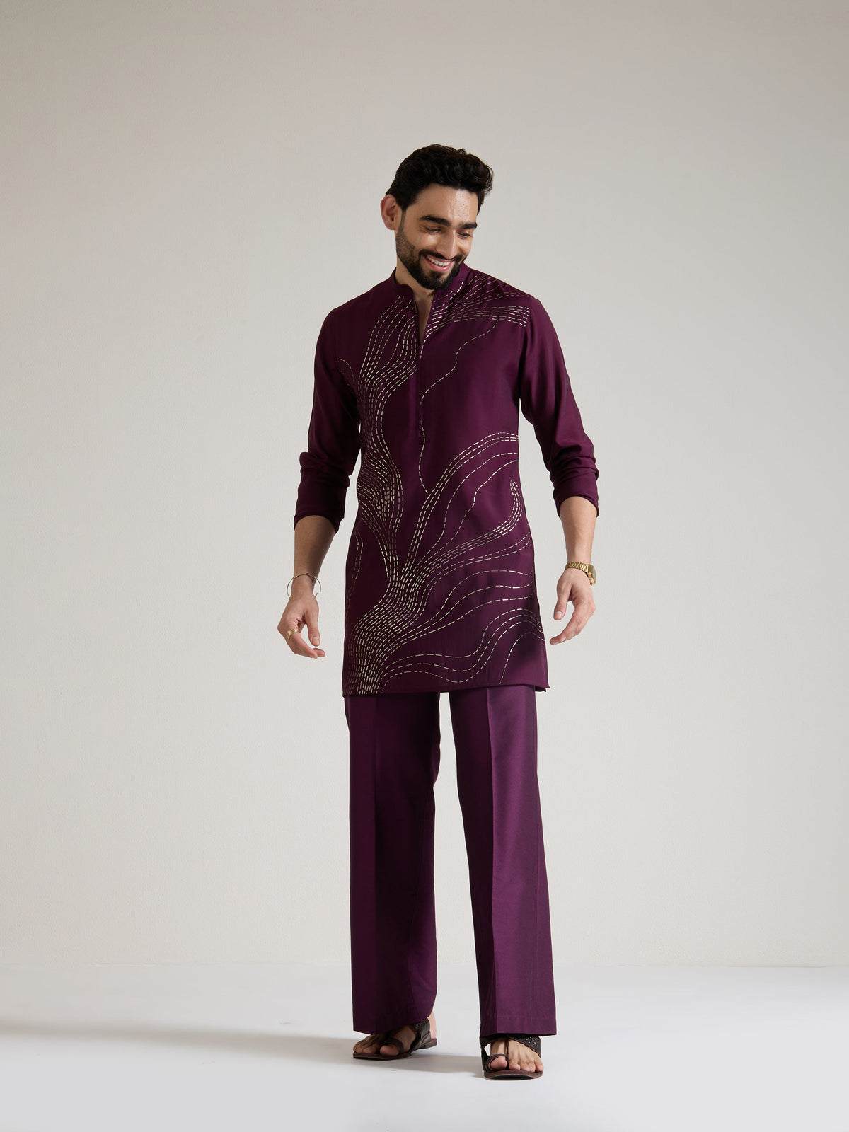 Mens Wine Blended Print Kurta