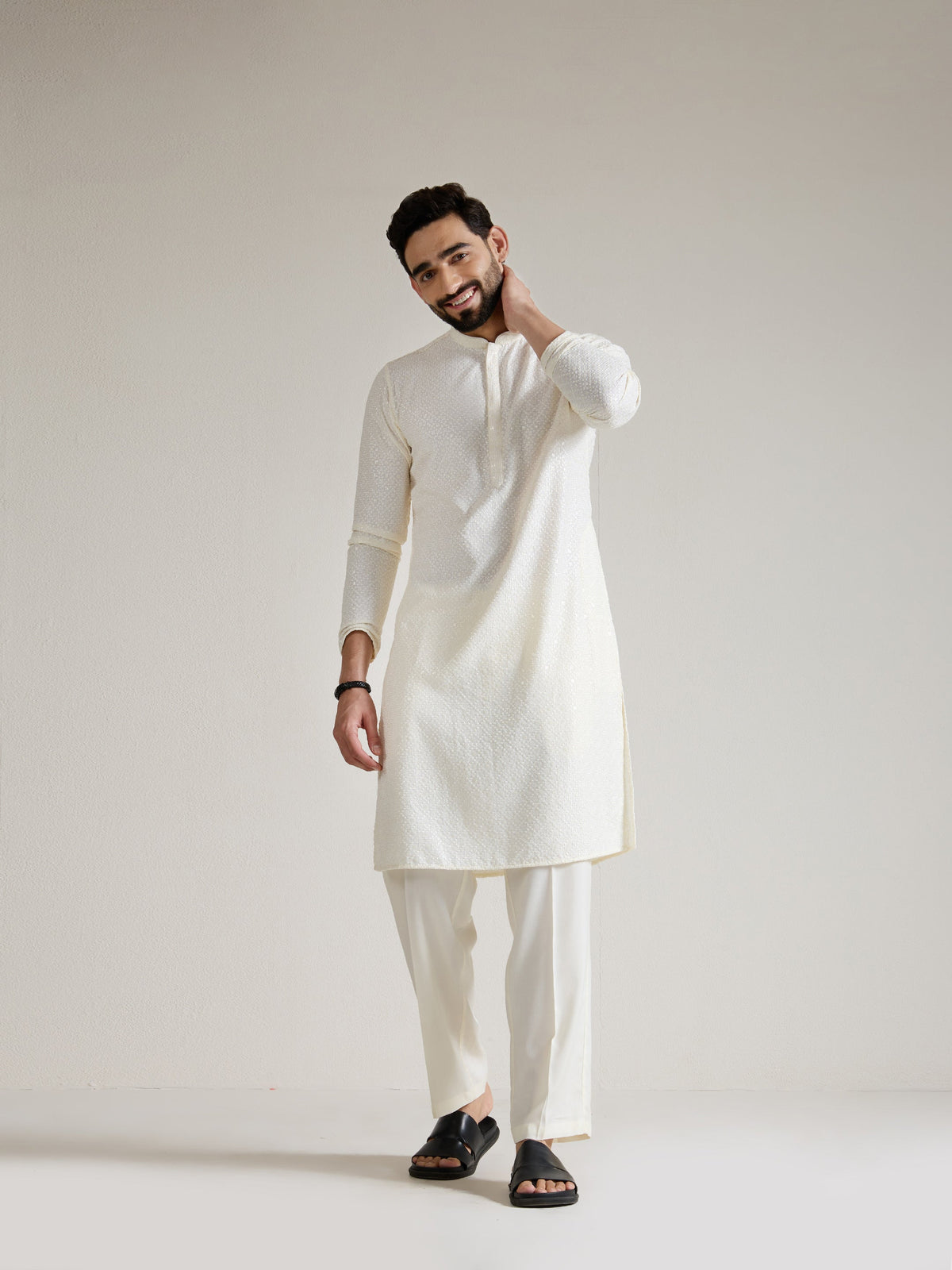 Mens Off-White Rayon Embroidery Kurta