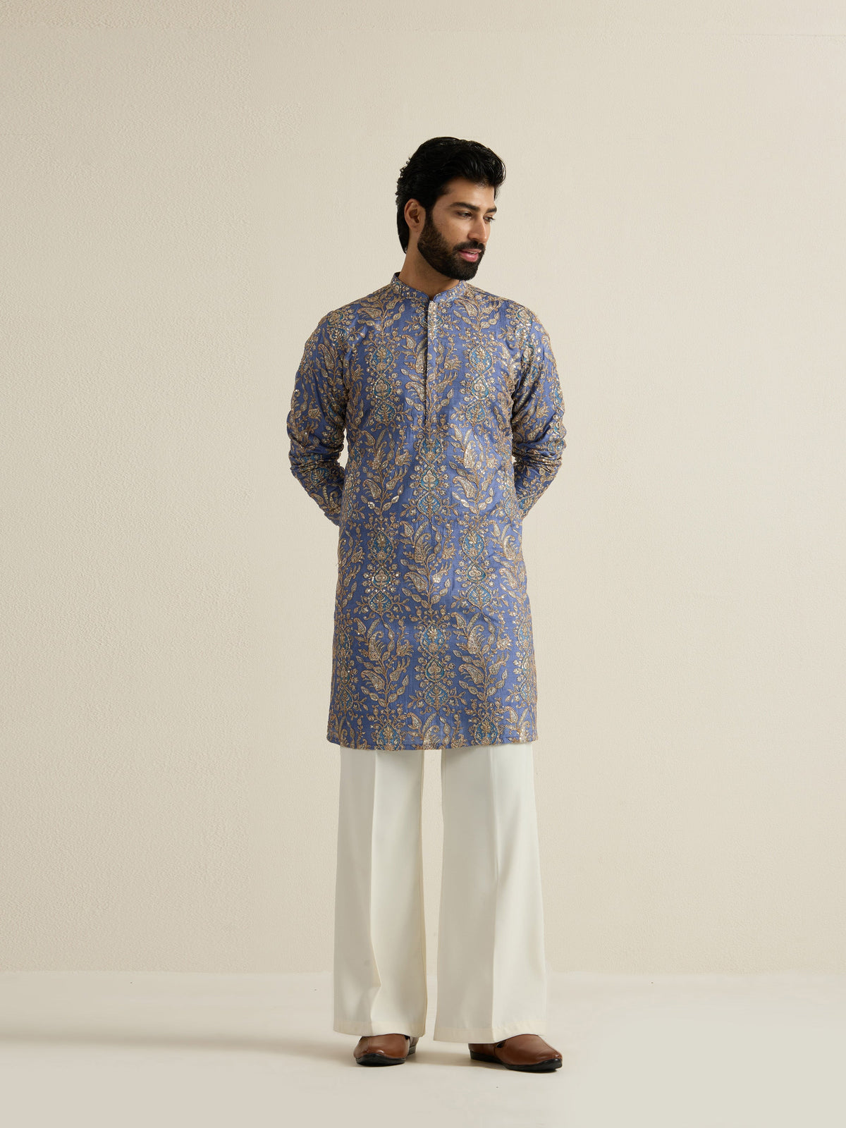 Mens Blue Blended Print Kurta