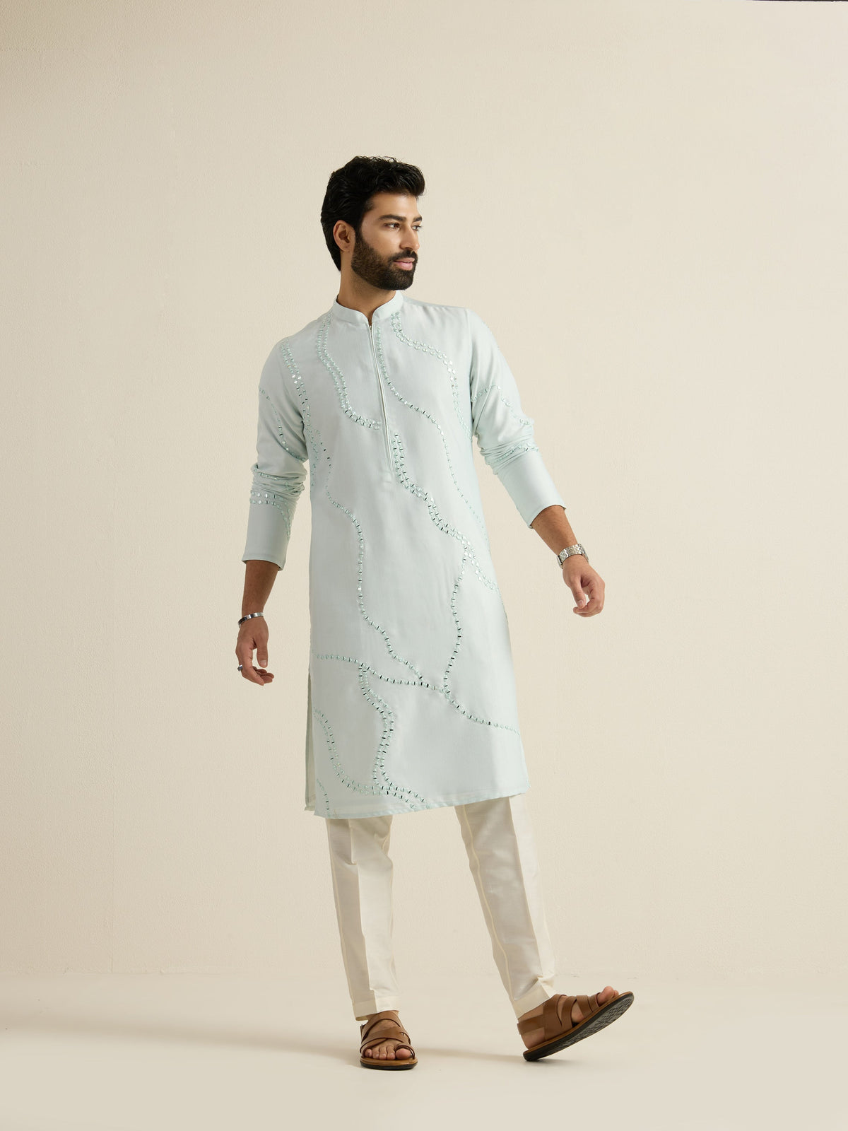 Mens Blue Blended Embroidery Kurta with Front Zipper