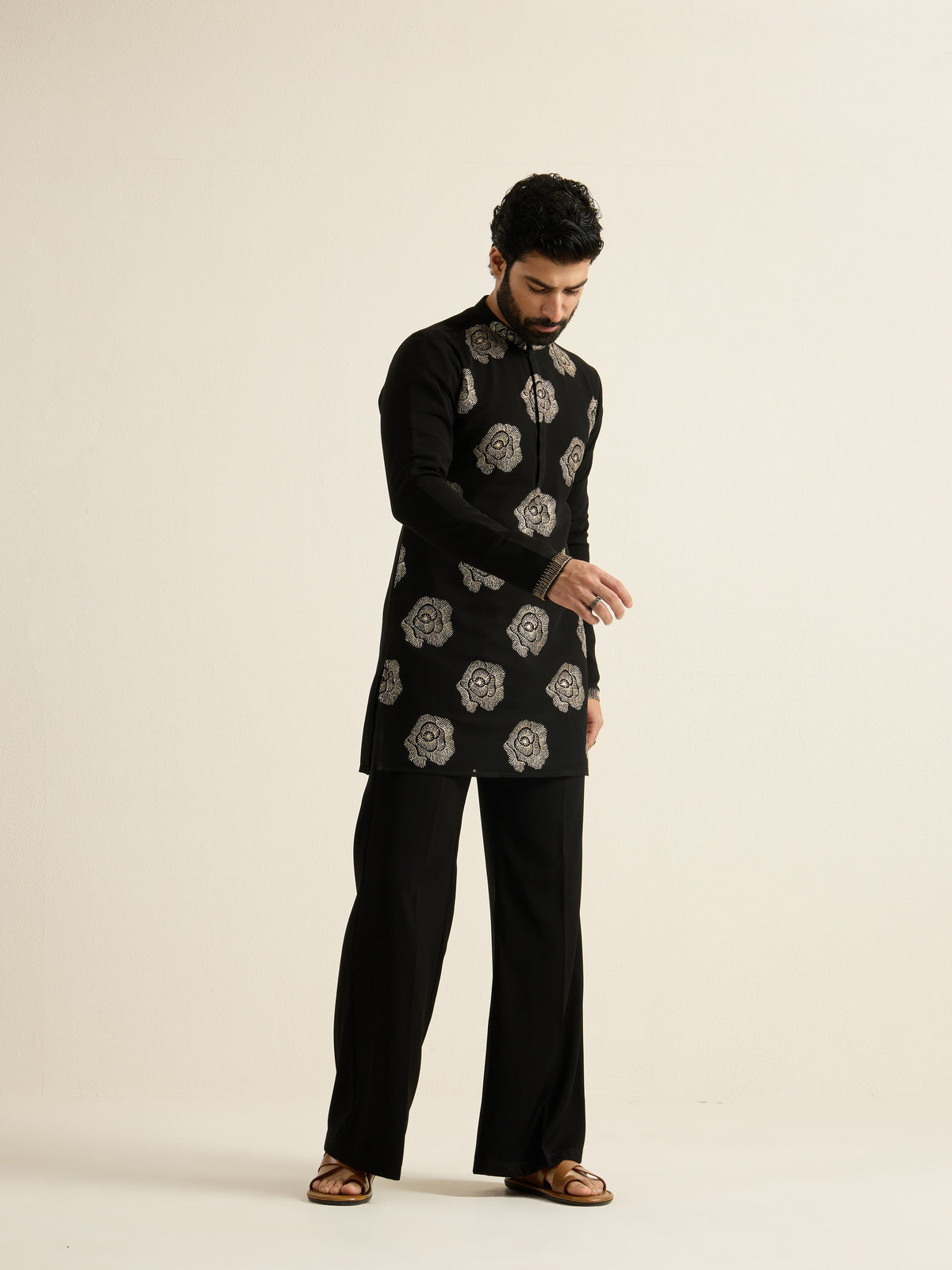 Mens Black Georgette Embroidery Kurta